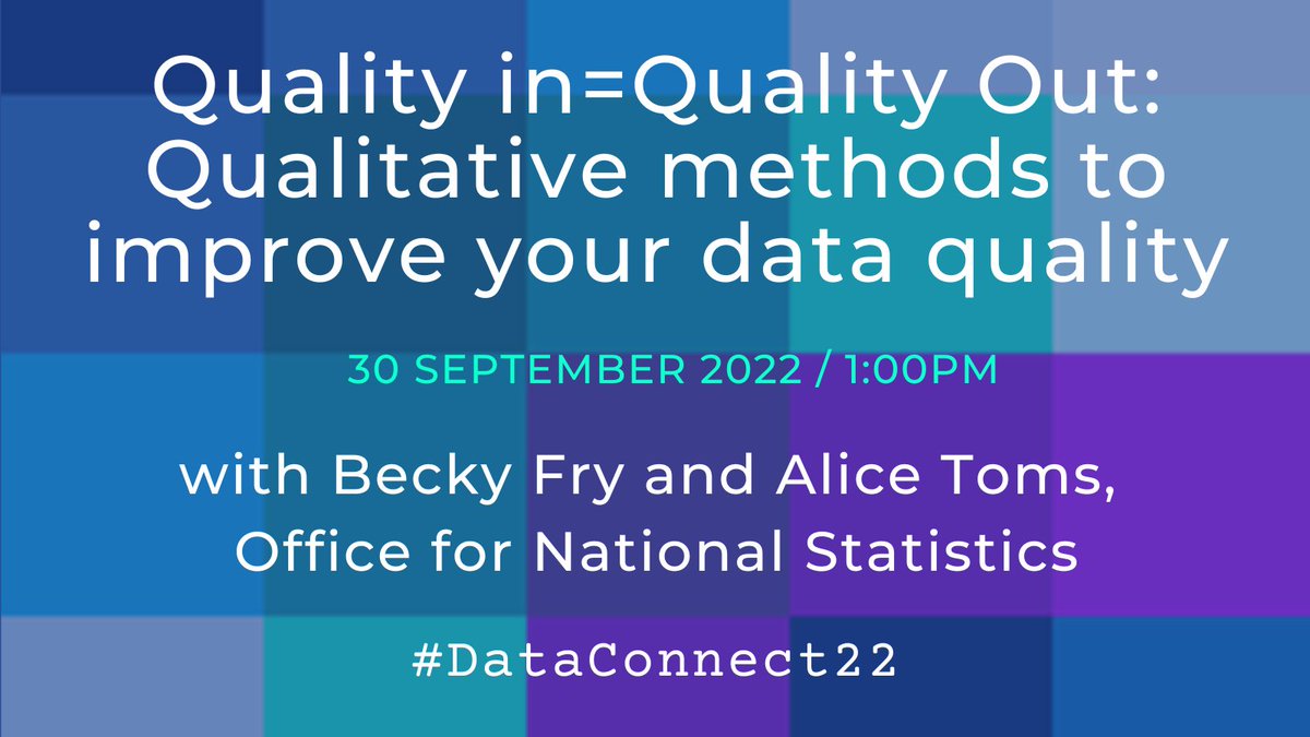 DataConnect23's tweet photo. 🚨Starting in 30 minutes!🚨
How can qualitative methods improve your data quality? Becky Fry of @DQHubUKGov & Alice Toms @ONS tell us more. #DataConnect22
https://t.co/0pLCFgC3My https://t.co/zYcDV6DgHV