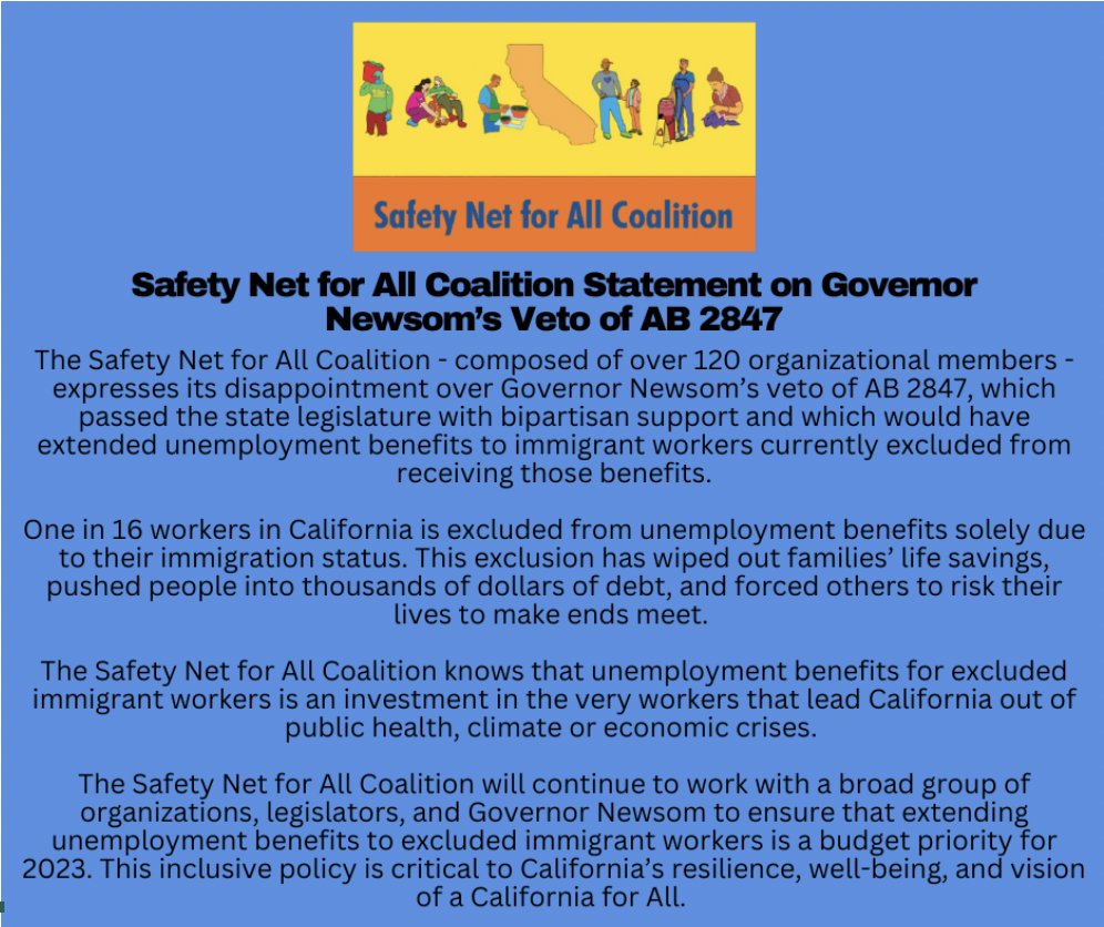 We are disappointed that @CAGovernor failed to stand with excluded workers by vetoing #AB2847. With the COVID-19 pandemic, wildfires, and other disasters, it is essential that we fully support #excludedworkers, esp in times of crisis. Our statement below: