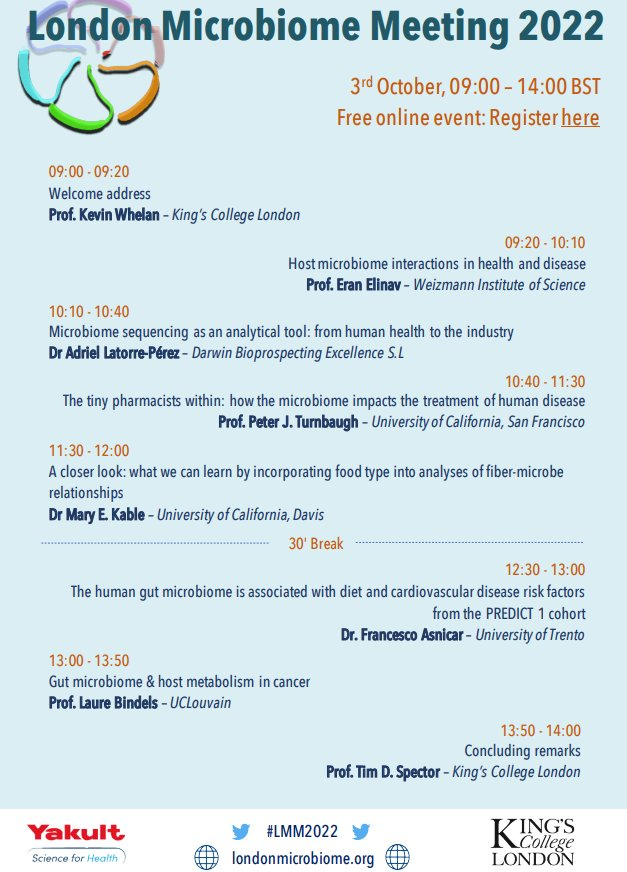 Kevin Whelan (@profwhelan) on Twitter photo 🦠Learn the latest on gut microbiome from world experts🦠
London Microbiome Meeting #LMM2022
Virtual, free and open to scientists, health professionals, students anywhere🌍
Speakers <a href="/EranElinav/">Eran Elinav</a> <a href="/PTurnbaugh/">Peter Turnbaugh</a> <a href="/Laure_Bindels/">Laure Bindels</a> <a href="/Adriiiel2s/">Adriel Latorre</a> <a href="/fasnicar/">Francesco Asnicar</a>
Register👉🏽eventbrite.co.uk/e/london-micro… 🦠Learn the latest on gut microbiome from world experts🦠
London Microbiome Meeting #LMM2022
Virtual, free and open to scientists, health professionals, students anywhere🌍
Speakers <a href="/EranElinav/">Eran Elinav</a> <a href="/PTurnbaugh/">Peter Turnbaugh</a> <a href="/Laure_Bindels/">Laure Bindels</a> <a href="/Adriiiel2s/">Adriel Latorre</a> <a href="/fasnicar/">Francesco Asnicar</a>
Register👉🏽eventbrite.co.uk/e/london-micro…