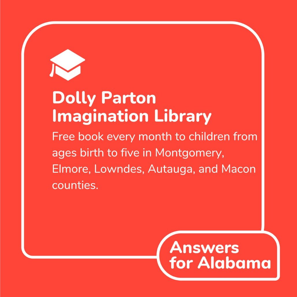 AL_DECE's tweet photo. We are proud to partner with @RRUnitedWay to implement the Dolly Parton Imagination Library. This free program will mail one book per month to children birth to 5 in the River Region. Enroll today: https://t.co/Nkq2ZiWNKM #ADECE #ALchildren @barbarajeancoop https://t.co/Jat42jWbTp