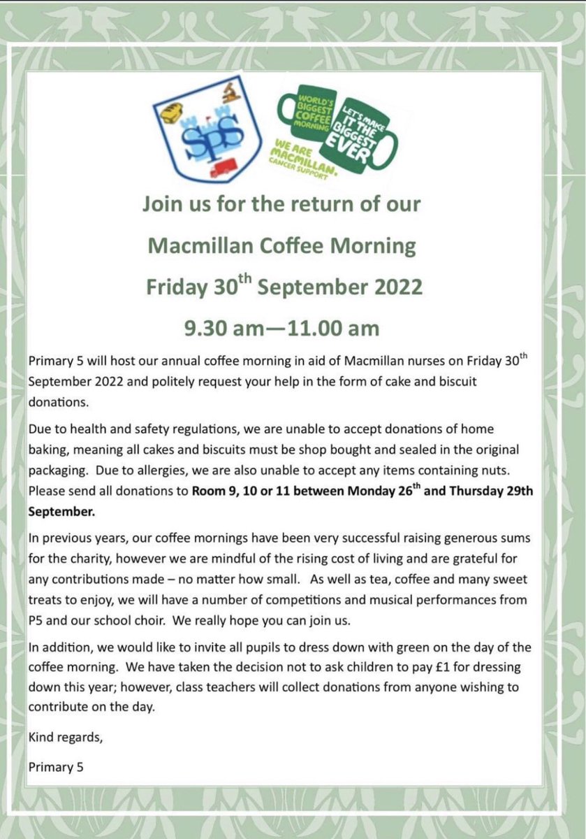 _miss_coates's tweet photo. Just a wee reminder that pupils can dress down tomorrow in something green for Macmillan 🟢👕 https://t.co/XXK8OFEOZk