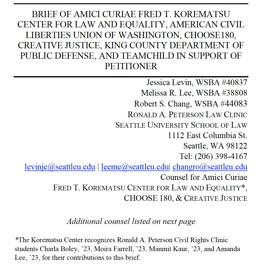 KorematsuCtr's tweet photo. Oops. We did it again.

Civil Rights Clinic @SeattleULaw filed amicus brief on Monday.

"Black children, as well as other children of color, are punished more harshly than their white counterparts....
Blackness can operate as a silent aggravator."

What will courts do about this? https://t.co/ZMgLYnrwmz