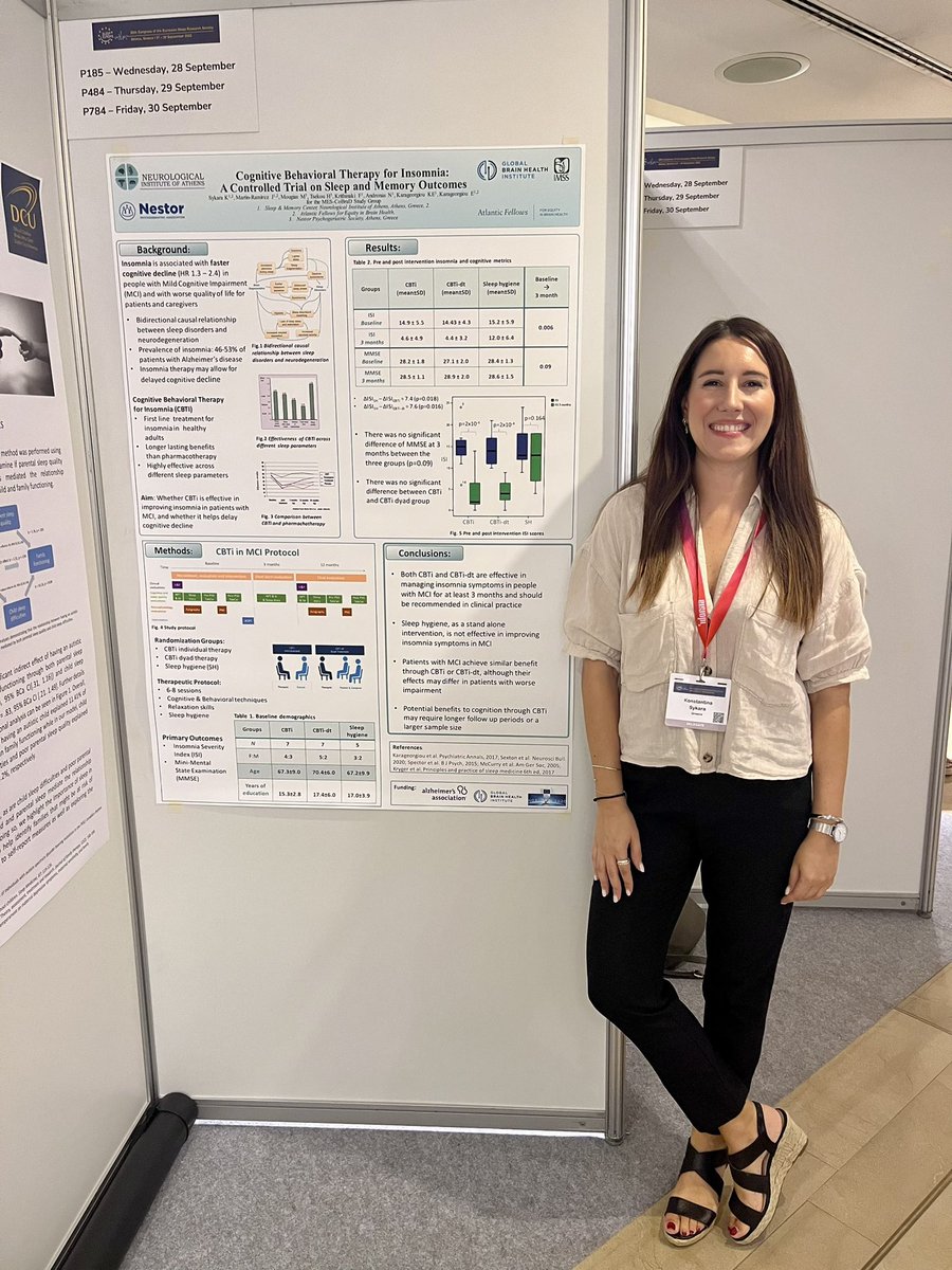 KSykara's tweet photo. Such a pleasure to present our work at the @ESRS_Sleep in #Athens showing 3 month follow up outcomes on sleep and cognition for MCI patients with CBTi treatment! @atlanticfellows @GBHI_Fellows @E_Karageorgiou @NIOAGR https://t.co/QdvZKv48JH