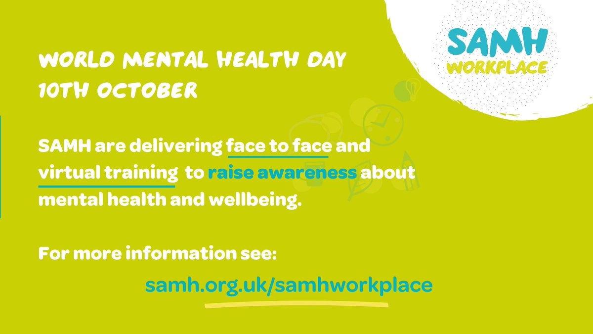 Ahead of  #WorldMentalHealthDay, SAMH Workplace are delivering training sessions across various dates to help raise awareness of mental health. 

Discussing a range of topics such as Managing Stress and Men's Mental Health, book your place now!

#MentalHealthTraining  #SAMH