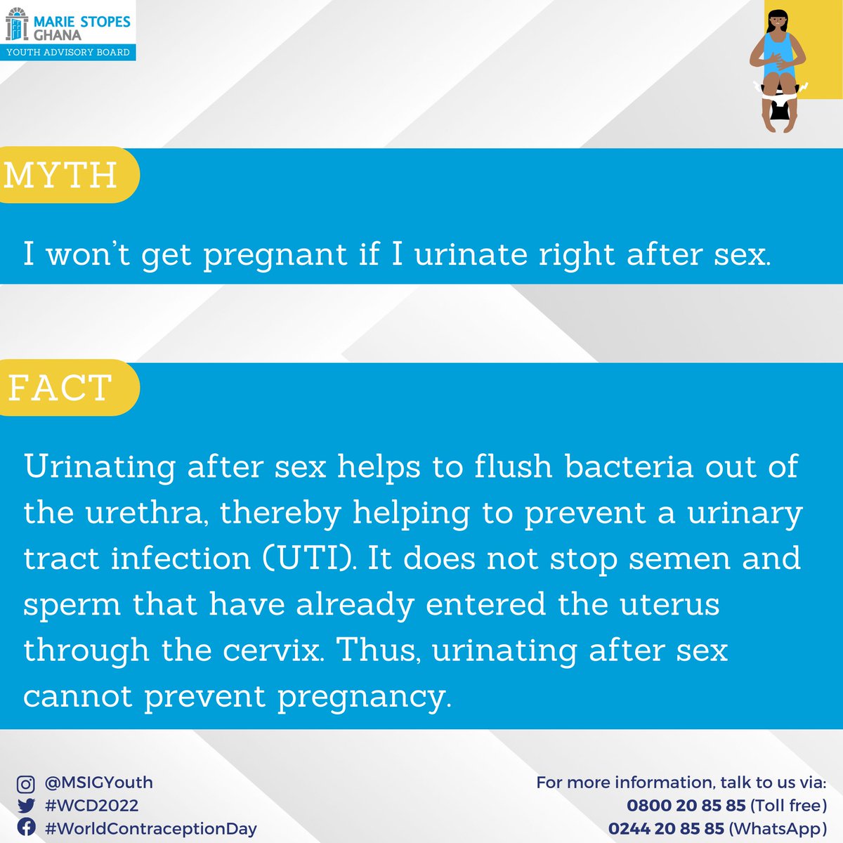 MSIGYouth's tweet photo. You may have heard that peeing after sex is beneficial, especially for women. This is because peeing flushes bacteria out of the body, which may help prevent a urinary tract from developing.
This action however, has no effect on the occurrence of pregnancy.
#FPWeek #MSIGYouth https://t.co/G5f45c9YRp
