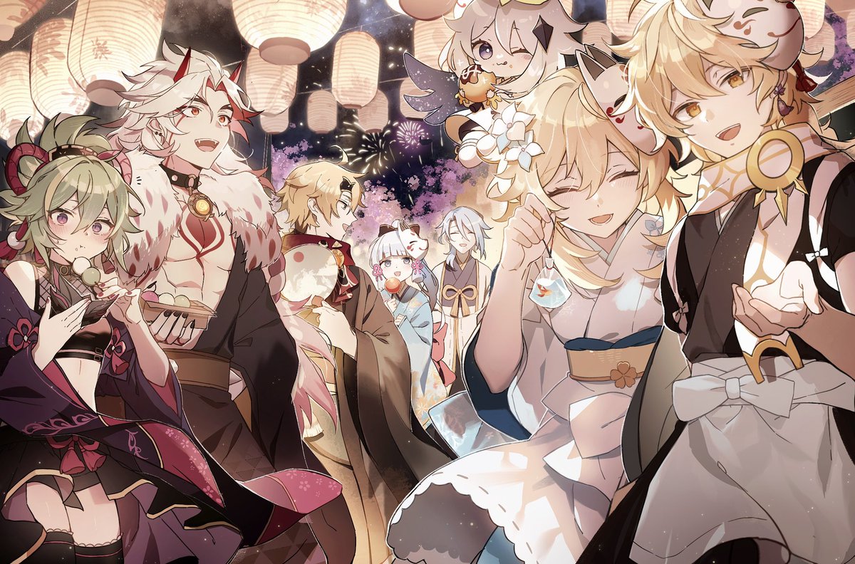 aether (genshin impact) ,arataki itto ,kamisato ayaka ,kamisato ayato ,kuki shinobu ,lumine (genshin impact) ,paimon (genshin impact) ,thoma (genshin impact) multiple girls multiple boys mask blonde hair japanese clothes horns fireworks  illustration images