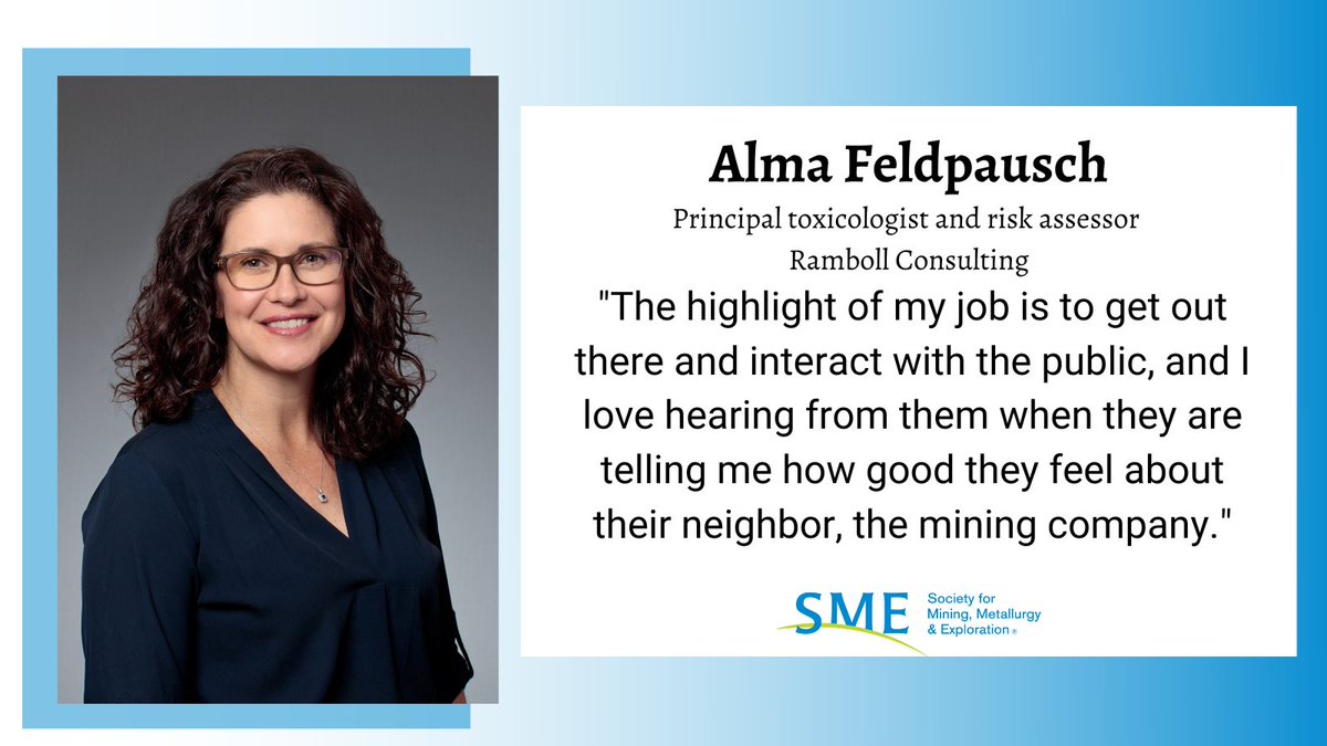 smecommunity's tweet photo. This month, watch Alma's 'Why I SME' interview in a video form. Listen to her interesting background in toxicology and how she loves interacting with people outside of the mine fence line so they feel empowered. https://t.co/8nI7lhWDhf #WhyISME #Ramboll #toxicology https://t.co/Tu9oXwXNqt