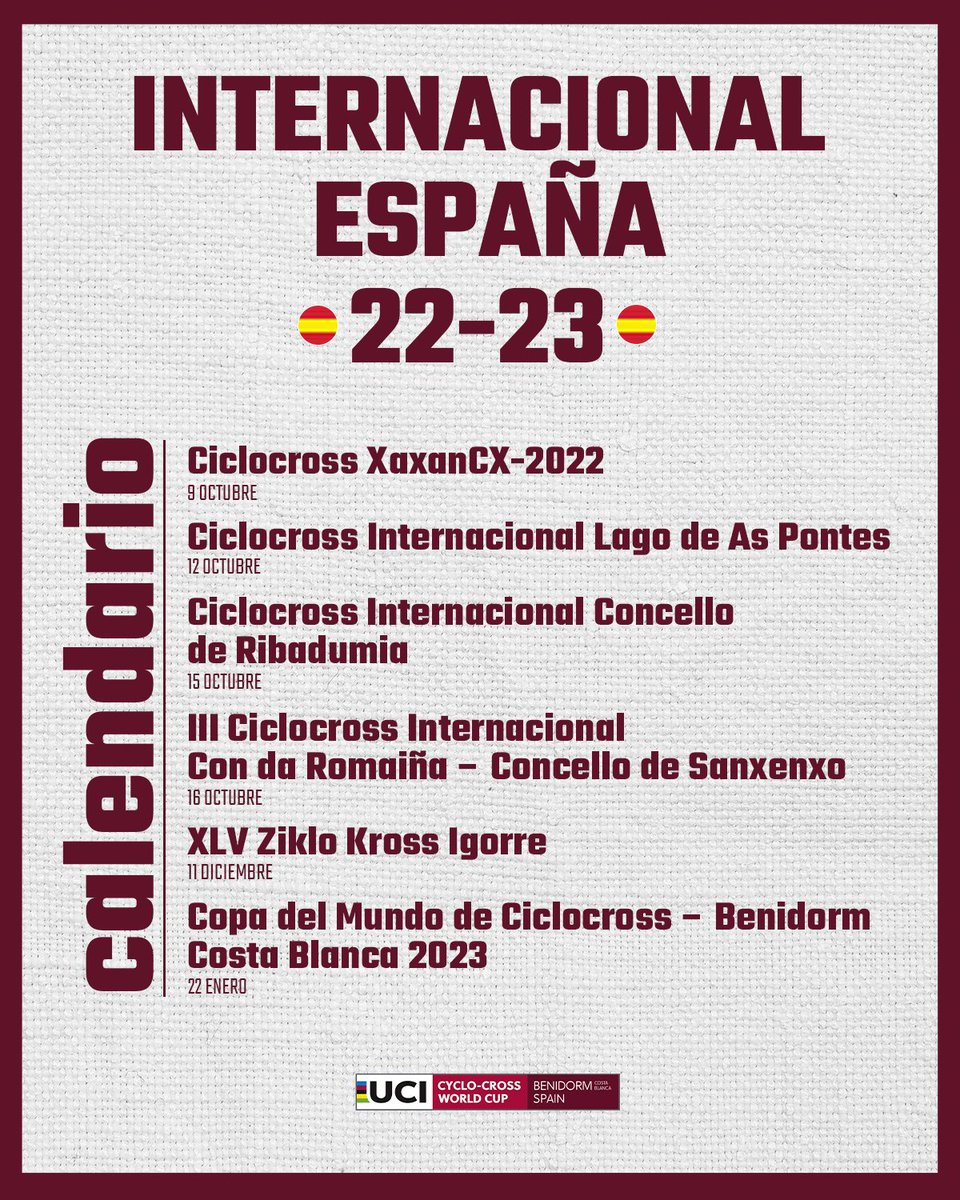 🤩Comienza la temporada de #CX en casa...

¡Os traemos el calendario para que no os perdáis nada!

📅 9⃣ pruebas de #CopaEspañaCX
📅 6⃣ pruebas nivel UCI Internacional con la CdM #BenidormCX 

🤤¡Más de 5⃣0⃣ carreras de ciclocross esta temporada!

➡️ benidormcx.es/temporada-espa…