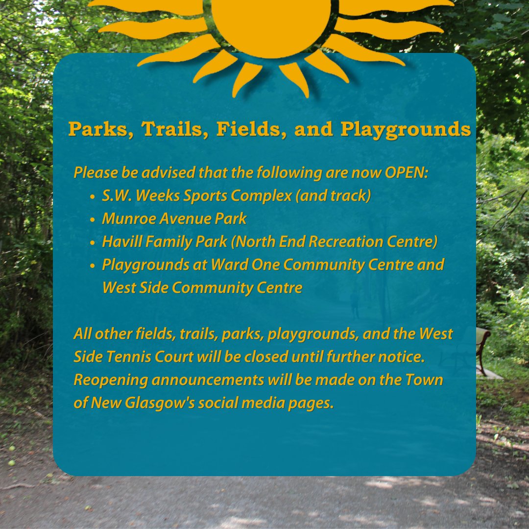 Please be advised that S.W. Weeks Sports Complex (and track), Munroe Avenue Park, Havill Family Park (North End Recreation Centre), and playgrounds at Ward One Community Centre and West Side Community Centre are now open.