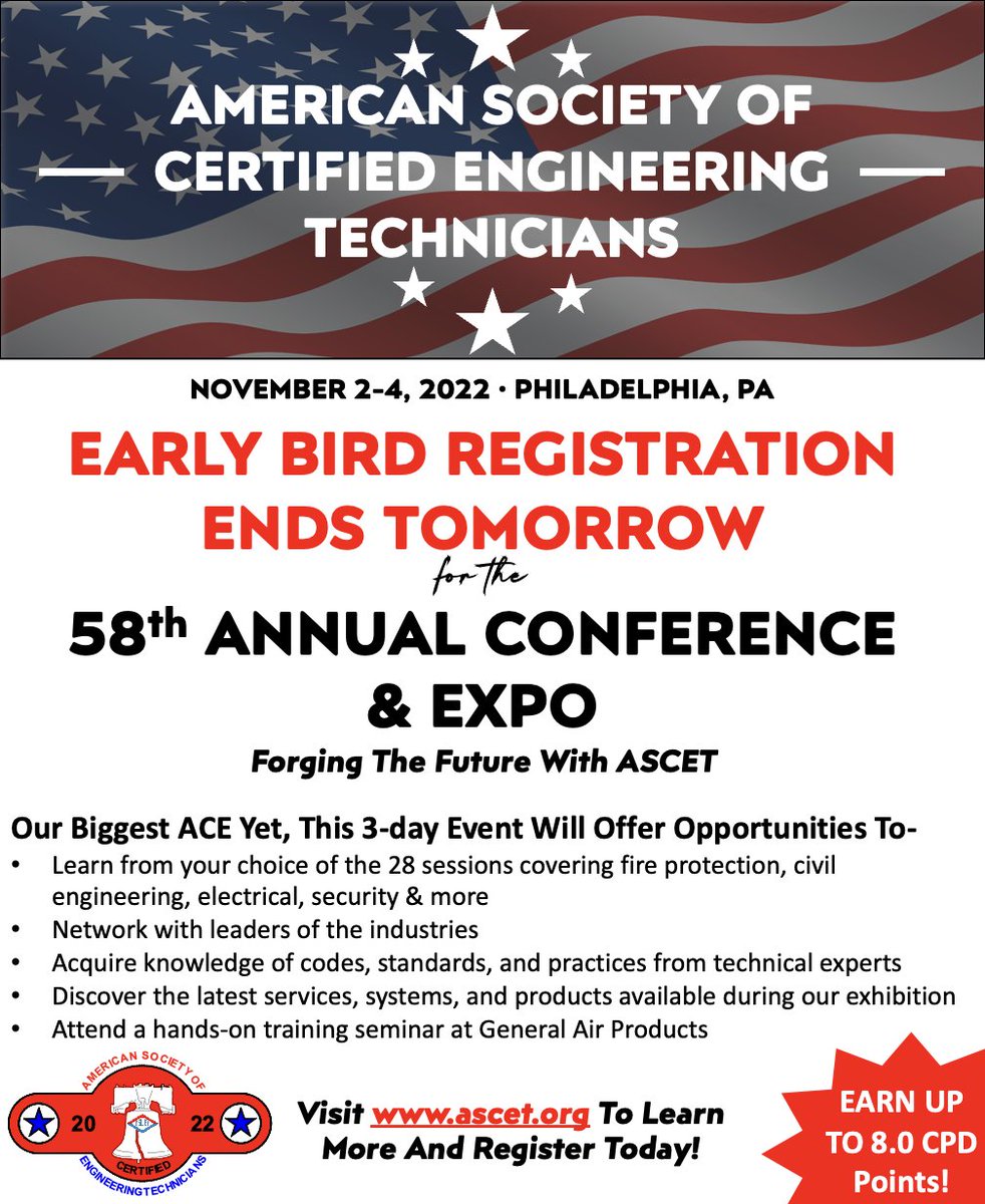 Early Bird Registration for #ace2022 ends TOMORROW!  Sign up today and be the real early bird! ascet.org/events/registe…
#fireprotection #civilengineering #professionalsociety #lifesafety #certified #annualconference #Philadelphia