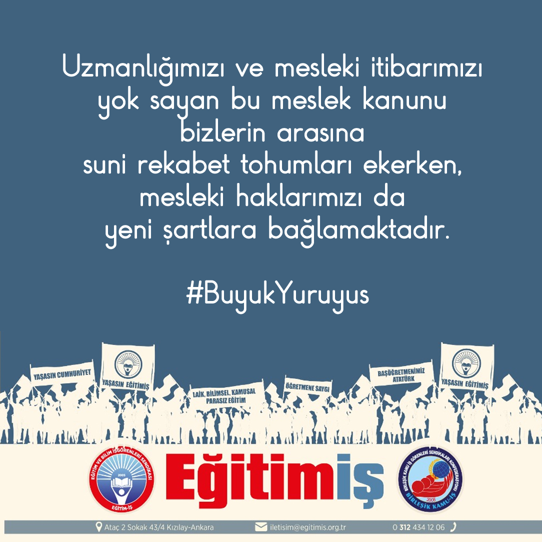 Uzmanlığımızı ve mesleki itibarımızı yok sayan bu meslek kanunu bizlerin arasına suni rekabet tohumları ekerken, 
mesleki haklarımızı da yeni şartlara bağlamaktadır.

#BuyukYuruyus #artıksözmecliste