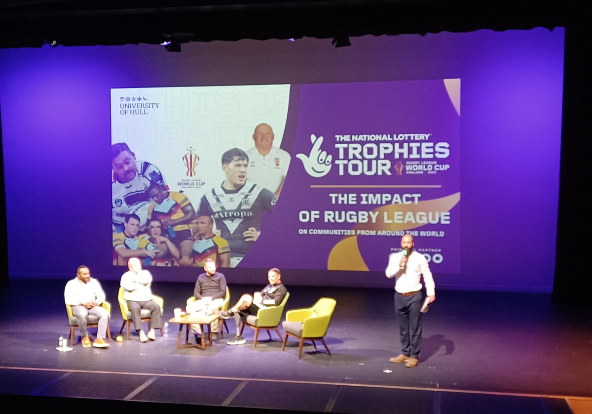 The Rugby League World Cup trophies are at @UniOfHull this evening ahead of an excellent panel discussion about the role of the sport in the community.