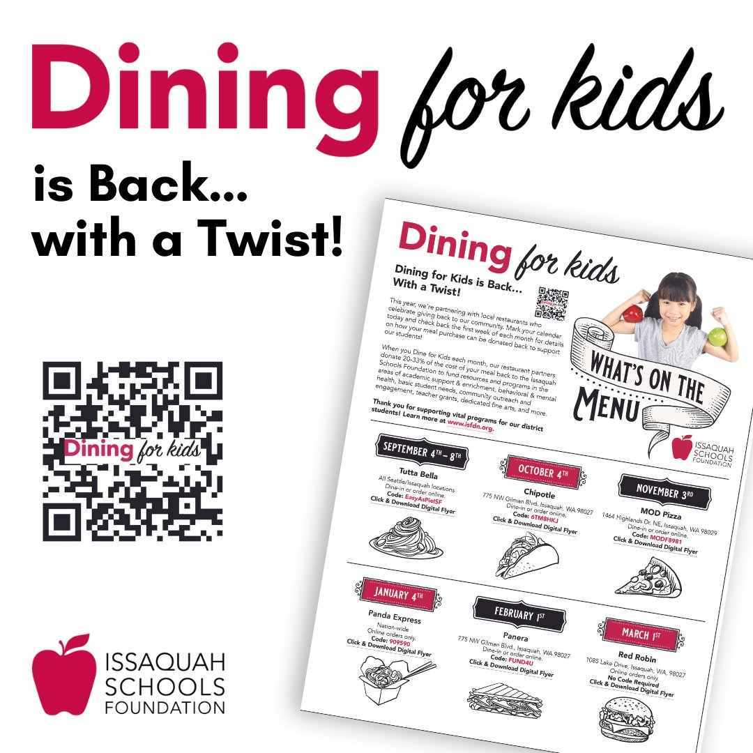 Look for our upcoming Dining for Kids partnership with Chipotle on October 4th! Dining for Kids is Back…With a Twist! Learn more! isfdn.org/dining-for-kid…

#isf #issaquahschoolsfoundation #issaquah #isd #issaquahschooldistrict #nonprofit #issaquahschools  #diningforkids #chipotle