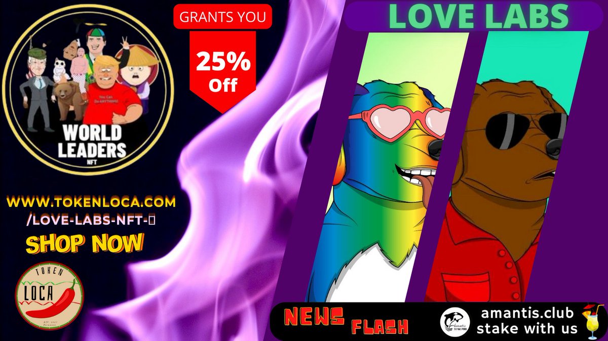 🚨 25% OFF 📢

That is what a World Leader will give you!

Get Yours Today: ➡️tokenloca.com/world-leaders-…
🚨 Love Labs NFT 📢
 
⚠️Mint yours now before it's too late in the game! ⚠️

➡️tokenloca.com/love-labs-nft-…

#MetaverseNFT #MetaverseWorlds #CardanoADA  #CardanoCommunity