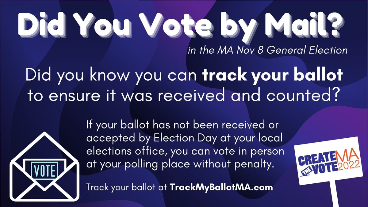 CreateTheVoteMA's tweet image. Voting by mail? Track your ballot to ensure it was accepted. If your ballot has not been marked as accepted by Election Day, you can vote in person at your polling place without penalty. Track your ballot at TrackMyBallotMA.com #CTVMA2022 #mapoli