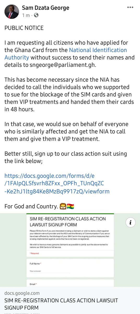 If you wish to get a VIP treatment to receive your Ghana Card, kindly fill the form below or send your details to sngeorge@parliament.gh. Those whose cases we took to Court have within 48 hours been given VIP treatment by the NIA and given their cards. docs.google.com/forms/d/e/1FAI…