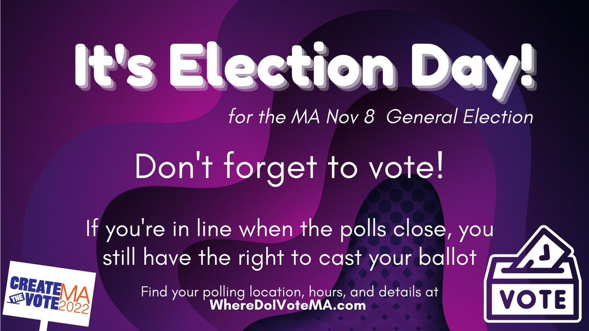 CreateTheVoteMA's tweet image. Today is the day! Get out to your polling location and make your voice heard! If you’re in line before polls close, you must be allowed to cast your ballot. Find your polling location at WhereDoIVoteMA.com  #CTVMA2022 #mapoli