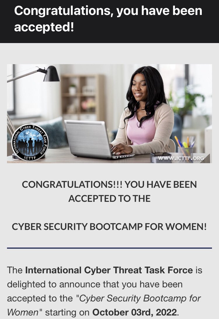 DeedsNPassports's tweet photo. A month ago I submitted an app to @icttf and just received word I got accepted in their Women’s Cybersecurity Bootcamp October Cohort! 😄😁 EXCITED is an understatement! I’m anxious to continue learning as much as possible and grow my #cybersecurity career! #icttf https://t.co/S2lVamaLzf