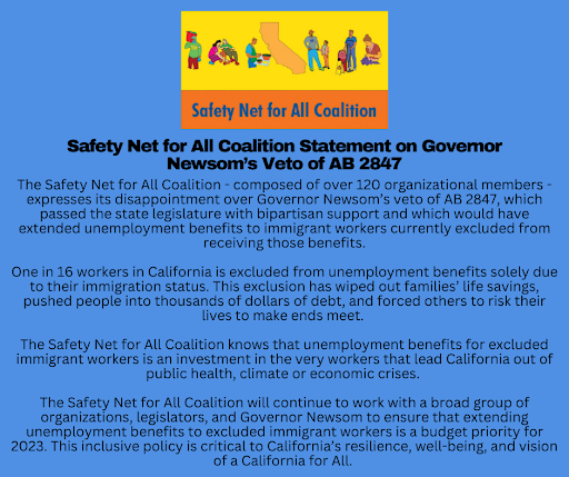 CALimmigrant's tweet photo. We are disappointed that @CAGovernor failed to stand with excluded workers by vetoing #AB2847. With the COVID-19 pandemic, wildfires, and other disasters, it is essential that we fully support #ExcludedWorkers, esp. in times of crisis.
Our statement w/ @SafetyNet4All below: https://t.co/Rl801Oay6u