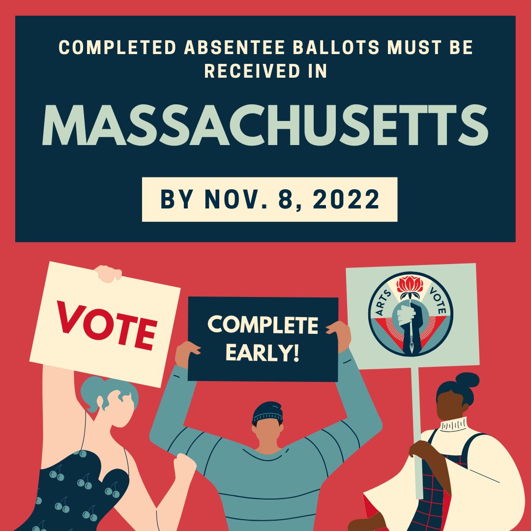 CreateTheVoteMA's tweet image. Voting by mail? Your ballot for the MA Nov 8 election only counts if it arrives to your local election office before 8pm tomorrow, Nov 8. More info on locating your local election office &amp;amp; drop box: sec.state.ma.us/ele/eleabsente… #CTVMA2022 #mapoli @artsactionfund #artsvote