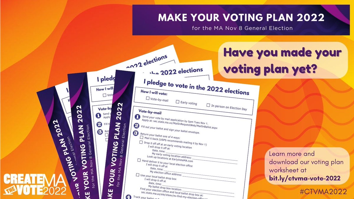 CreateTheVoteMA's tweet image. Have you made your voting plan yet? Make and share your voting plan so you’ll know exactly where and when you plan to cast your vote. Learn more and download our #CTVMA2022 voting plan worksheet at bit.ly/ctvma-vote-2022 #CreateTheVoteMA #mapoli