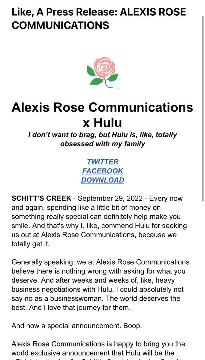 Def my fav press release in a long time. What a smart, and cute AF way to announce <a href="/SchittsCreek/">Schitt's Creek</a> has moved to <a href="/hulu/">Hulu</a>.
