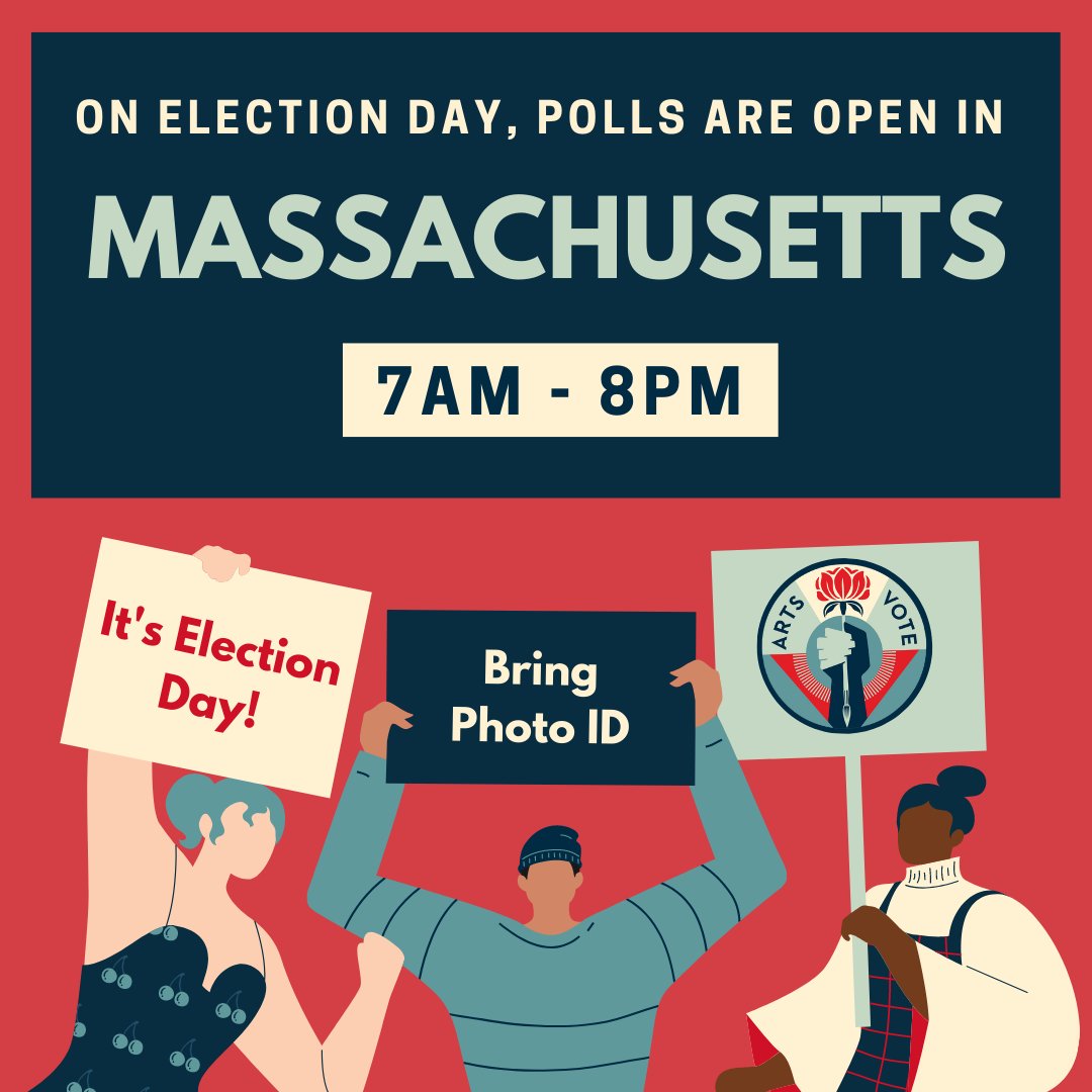CreateTheVoteMA's tweet image. Today is the day! Get out to your polling location and make your voice heard! If you’re in line before polls close, you must be allowed to cast your ballot. Find your polling location at WhereDoIVoteMA.com  #CTVMA2022 #mapoli #artsvote @ArtsActionFund