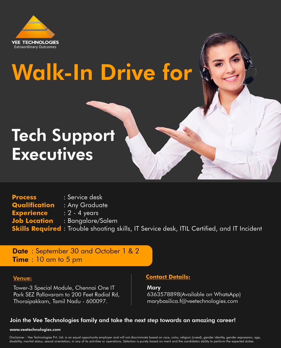 V_technologies's tweet photo. Vee Technologies is hiring Tech Support Executives. Join the #Chennai walk-in drive for Tech Support Executives! Hurry up and be a part of our team.
Visit: https://t.co/bccGFjfV9Z
#TechSupportExecutives #TechSupportjobs #walkindrive #ChennaiWalkInDrive #chennaiwalkin https://t.co/KfXPbrpiKD