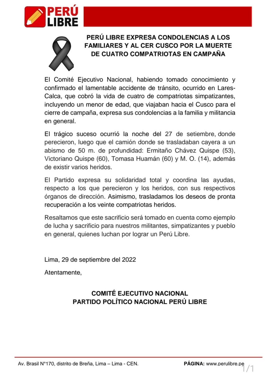 vladimir_cerron's tweet photo. Expresamos las condolencias a los familiares y al CER CUSCO por la muerte de cuatro compatriotas simpatizantes en campaña. https://t.co/wa5809pZBy