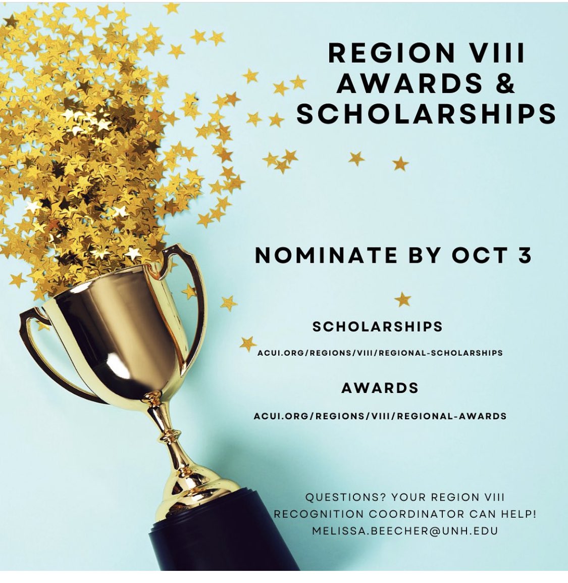 Do you have a colleague you’d like to recognize for their hard work or know someone who could benefit from a scholarship to support attendance at the regional conference?  

Then check out RVIII's scholarships &amp; awards! acui.org/regions/viii/r…
 
Submissions due 10/3