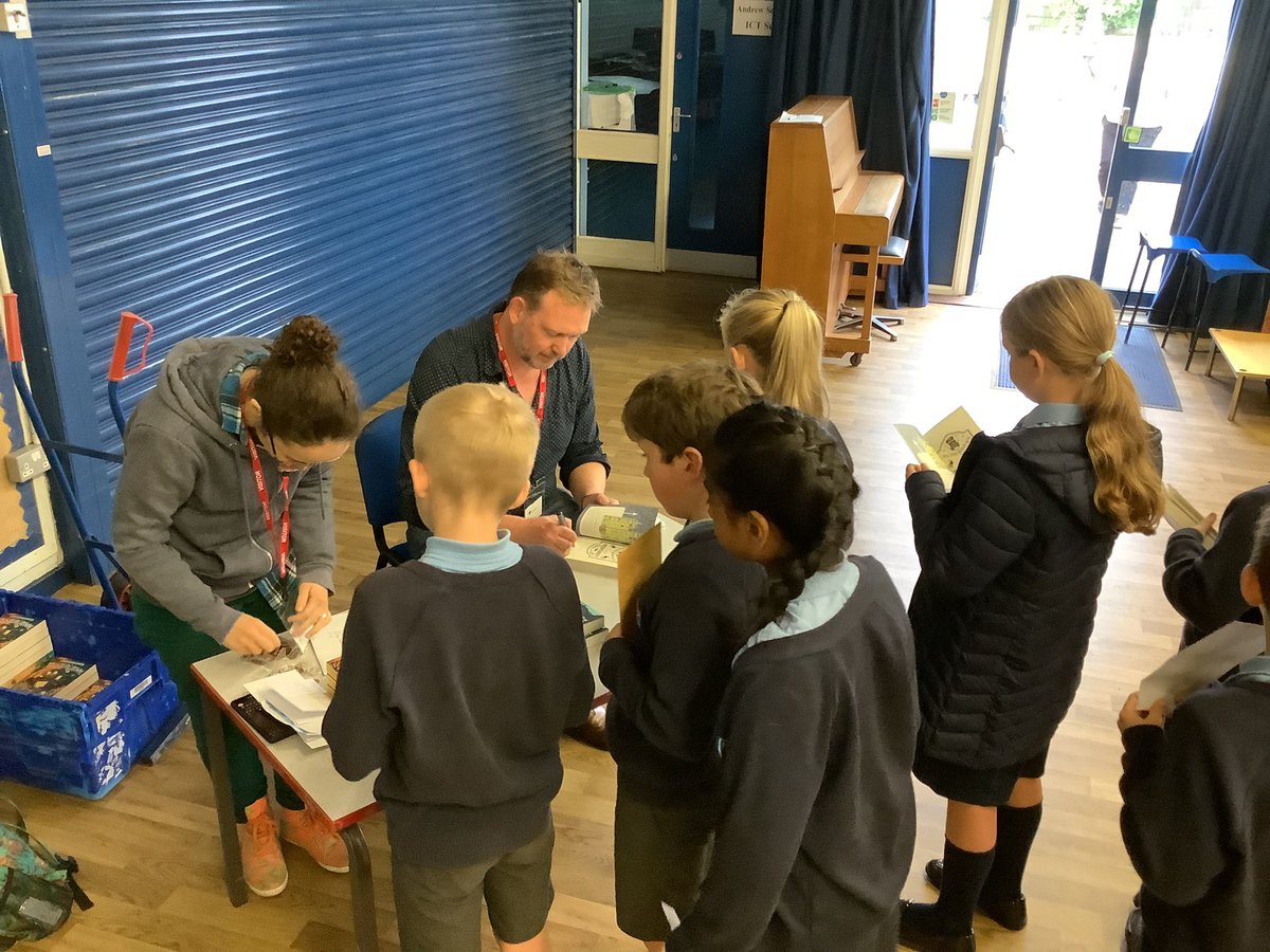 What a great visit we had from <a href="/ThomasHTaylor/">Thomas Taylor</a> today! Year 4, 5 and 6 enjoyed learning about inspiration gained from beach combing, and were in awe at his ability to turn squiggles into drawings. We have lots of happy children with signed books. Thanks @CurlyBookseller too!