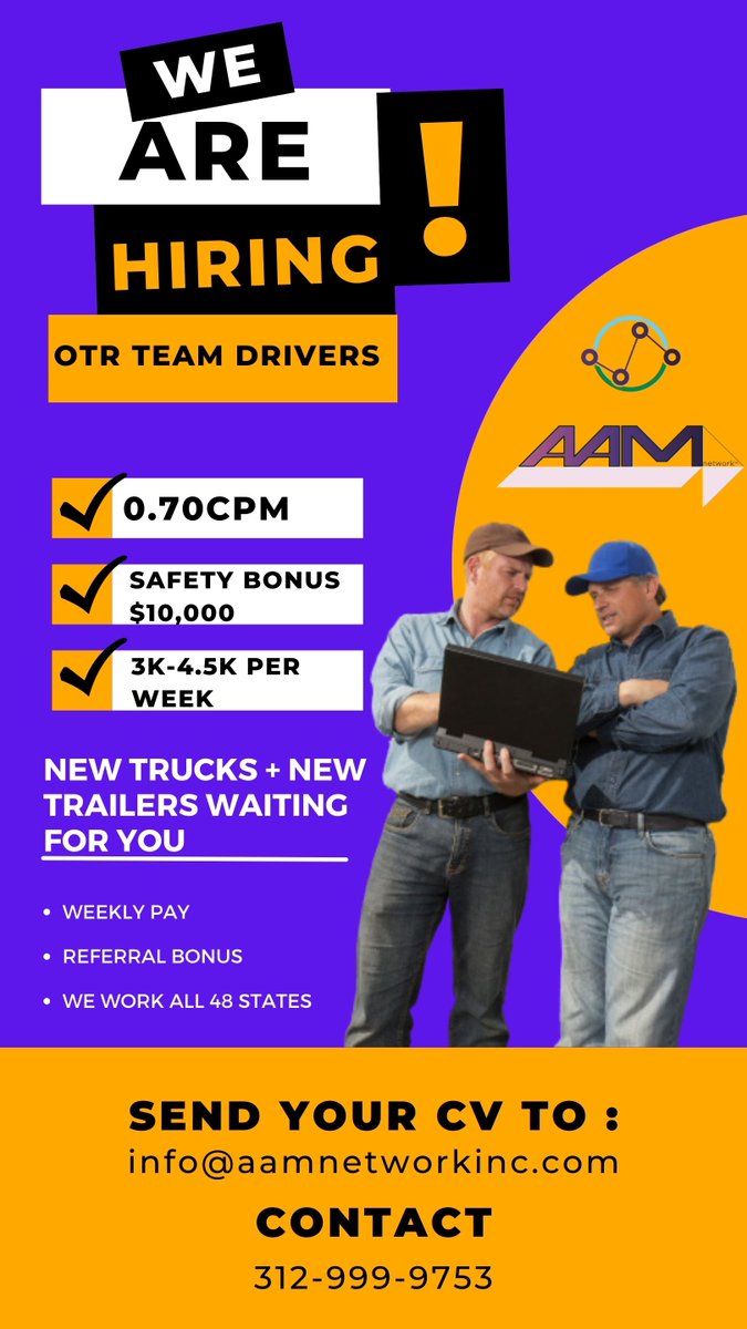 info_recruiting's tweet photo. 📢📢📢COMPANY TEAM DRIVERS NEEDED📢📢📢-New Trucks + New Trailers waiting for you!"
📞 Call Tess (312)999 9753 Today! ��
📍Over the Road &amp; Regional Routes
#hiring #jobs #trucking #truckdrivers https://t.co/e9culMnVHD
