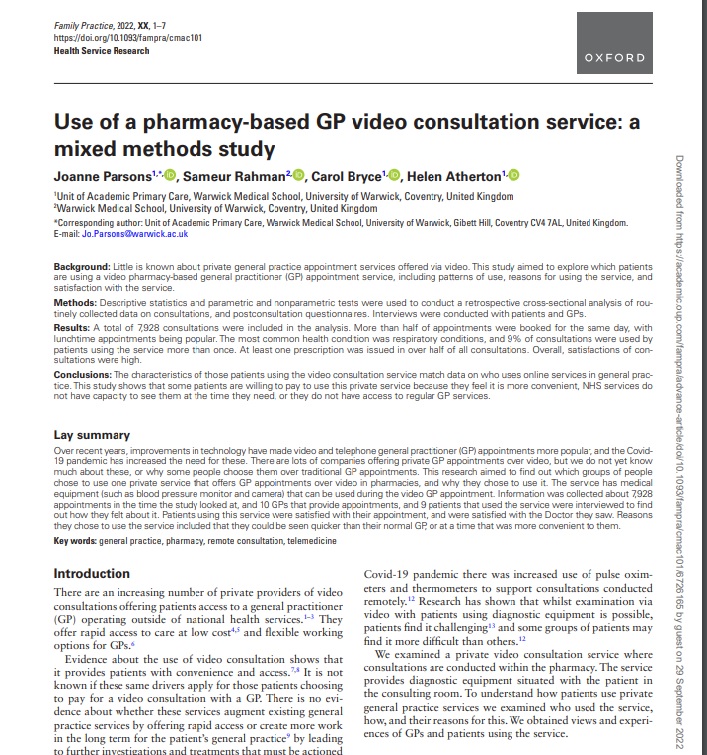 H_Atherton's tweet photo. Pleased to share our new paper about pharmacy based video consultation in the UK.  Well done @JoParsons83 for getting this over the line  - this one means a lot to our team after all the Covid related challenges along the way https://t.co/aJbrMJxH5R https://t.co/P7lxH7mFQm