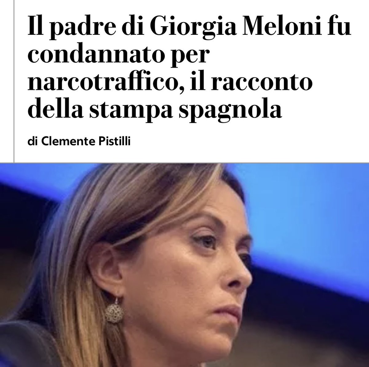 rulajebreal's tweet photo. During her election campaign, ⁦@GiorgiaMeloni⁩, Italy’s new PM, promoted a rape video implying that asylum seekers are criminals who want to replace white Christians.
Ironically, Meloni’s father is a notorious drug trafficker/convicted criminal who served time in a 🇪🇸 jail. https://t.co/G8AqzfCmLL
