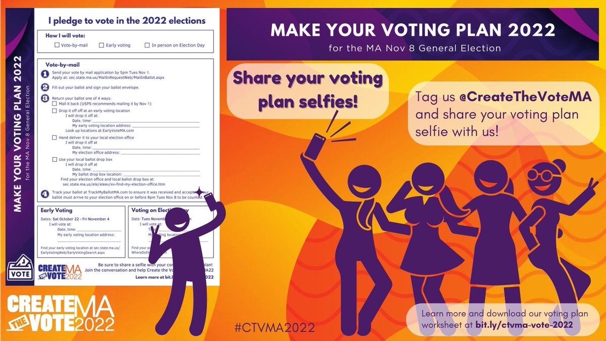 CreateTheVoteMA's tweet image. Don’t have your voting plan made yet? Don’t stress! Check out bit.ly/ctvma-vote-2022 and make your voting plan today. Tag us @CreateTheVoteMA and share your #CTVMA2022 voting plan selfie with us! #mapoli #CreateTheVoteMA