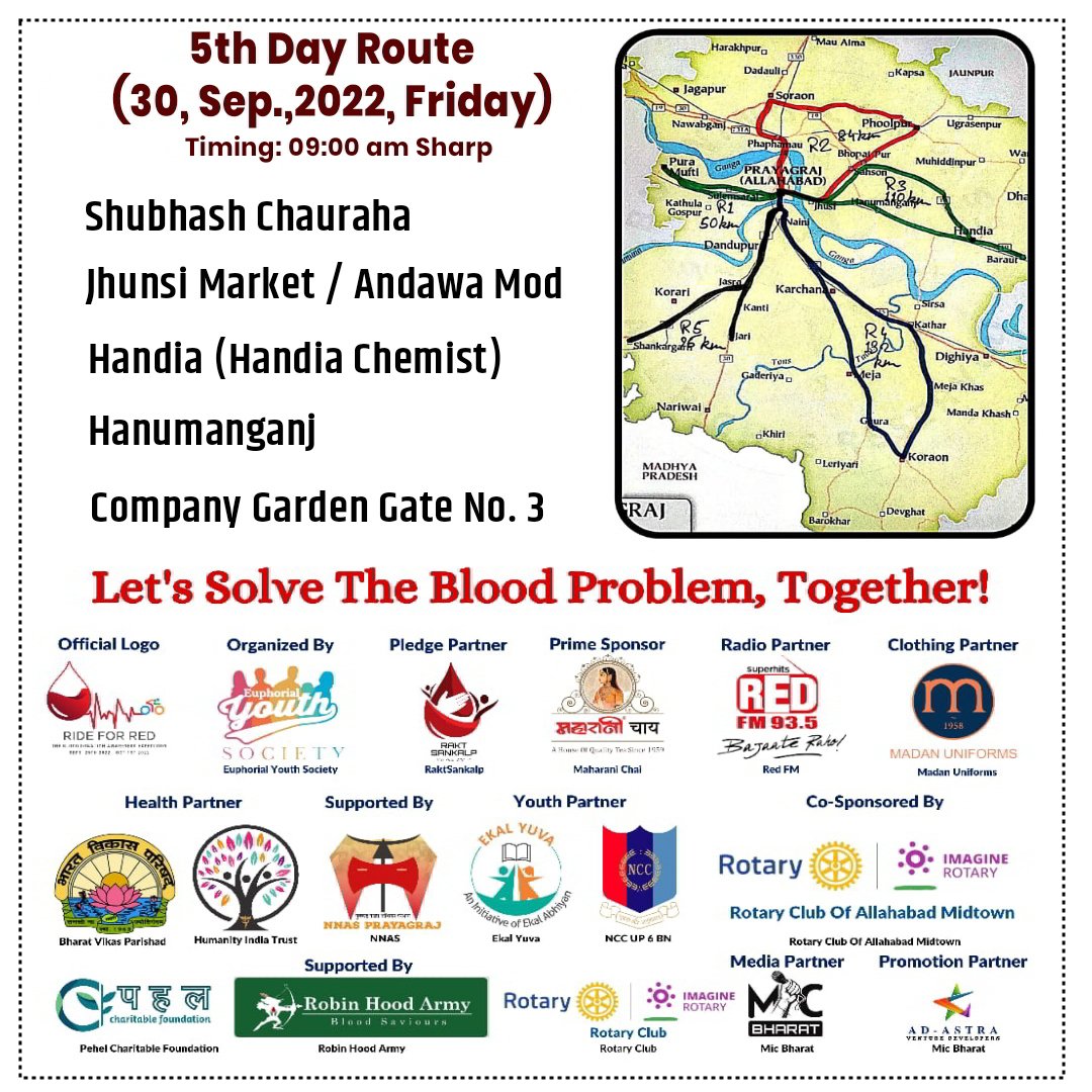 RideForRed's tweet photo. #Prayagraj Ride For Red Expedition 5th Day Route ...
Do Join us on 30 Sep,2022. At 9:00AM Sharp.

Shubhash Chauraha

Jhunsi Market / Andawa Mod

Handia (Handia Chemist)

Hanumanganj

Company Garden Gate No. 3

@RaktSankalp  

#RideforRed #BloodDonation_Expedition  #Ride_For_Red https://t.co/xcc769AaG3