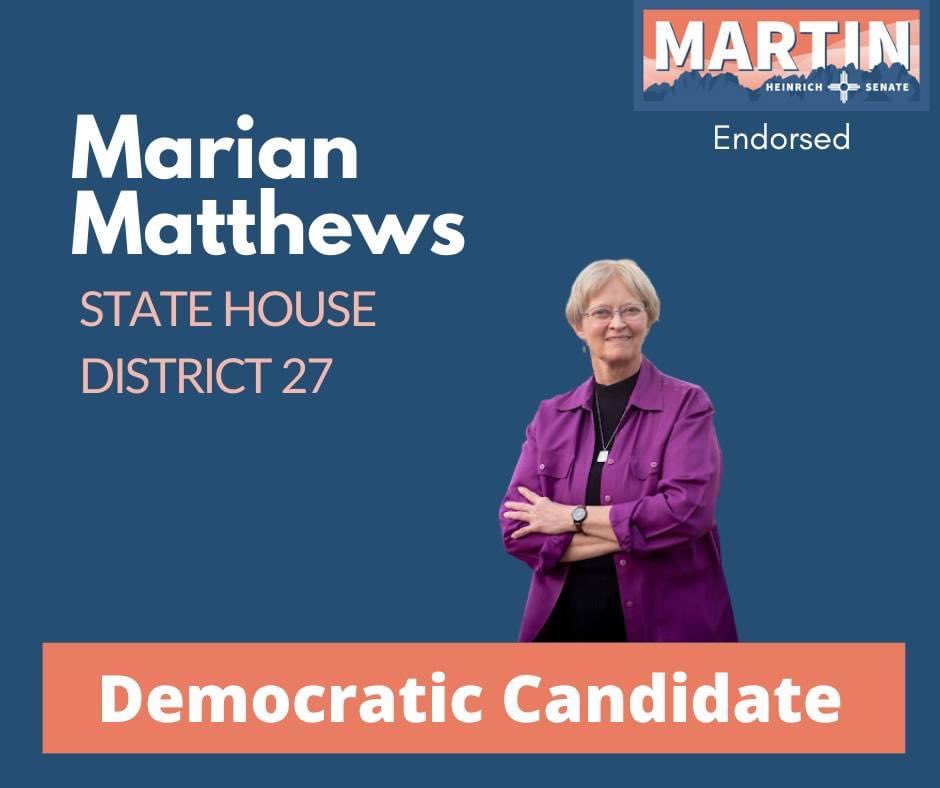 Hd27Marian's tweet photo. “For NM HD-27: Marian Matthews for HD27 is committed to cutting health care costs, investing in public education, strengthening our economy, and more. And she always picks up the phone to help her constituents with the issues they’re navigating.”- Sen. Heinrich https://t.co/ErkciStMst