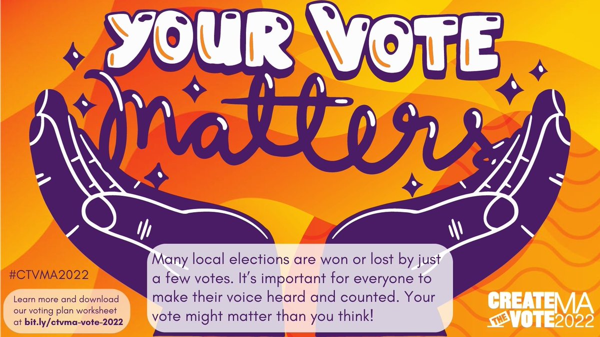Many local elections are won or lost by just a few votes. It’s important for everyone to make their voice heard and counted. Your vote might matter more than you think! See you at the ballot box tomorrow!  
#CTVMA2022 #mapoli #CreateTheVoteMA