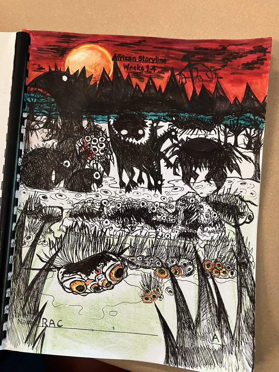 typikyun's tweet photo. โTwas hid mine in the bottom bin in class since I colored it while doing homework. Iโm hoping to jumpscare my bio teacher tomorrow morning because she always takes them out and spreads them on the table ๐ผ
#prank #horrorart #monsterart #creepyart #monster #safari #schoolprank https://t.co/MZXjKHvikH