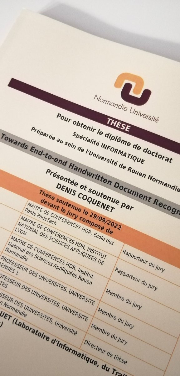 Today I chaired the defense of D. Coquenet's PhD at <a href="/LitisLab/">LITIS</a>. He presented DAN, an end-to-end system for recognition of full page of handwriting, trained without any segmentation gt!
Very nice work, with code available.
Demo on YT youtu.be/HrrUsQfW66E