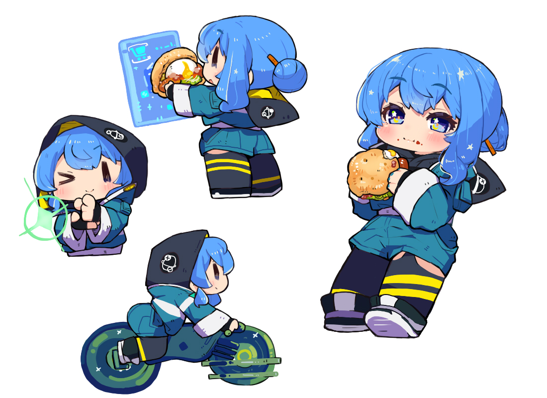 1girl food blue hair hood burger eating blue eyes  illustration images