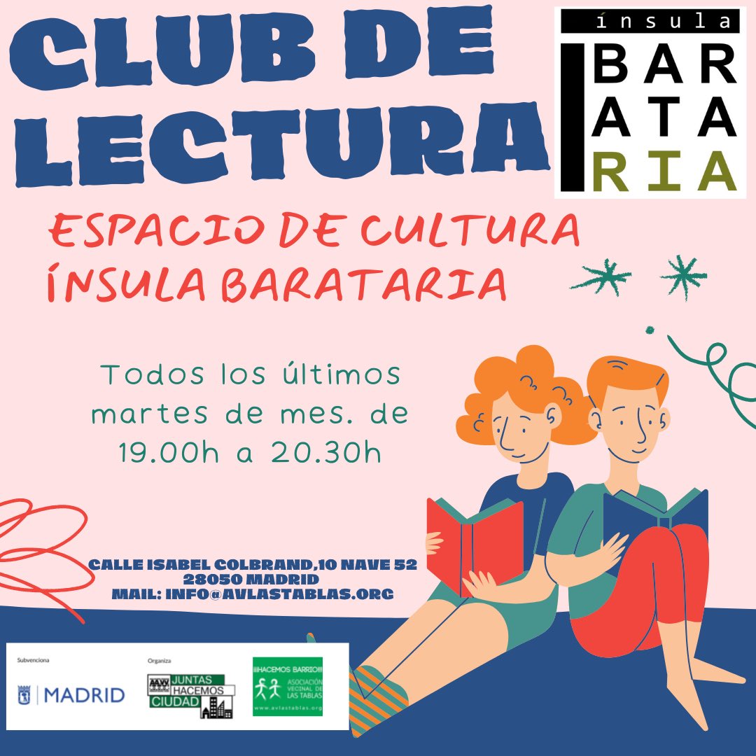Impulsamos la cultura desde nuestra asociacion vecinal.Un espacio de cultura y literatura para los vecin@s del barrio de las Tablas y quienes tengan inquietudes literarias. Se vienen cositas muy interesantes para toda la familia. Síguenos o envíanos un mail a info@avlastablas.org