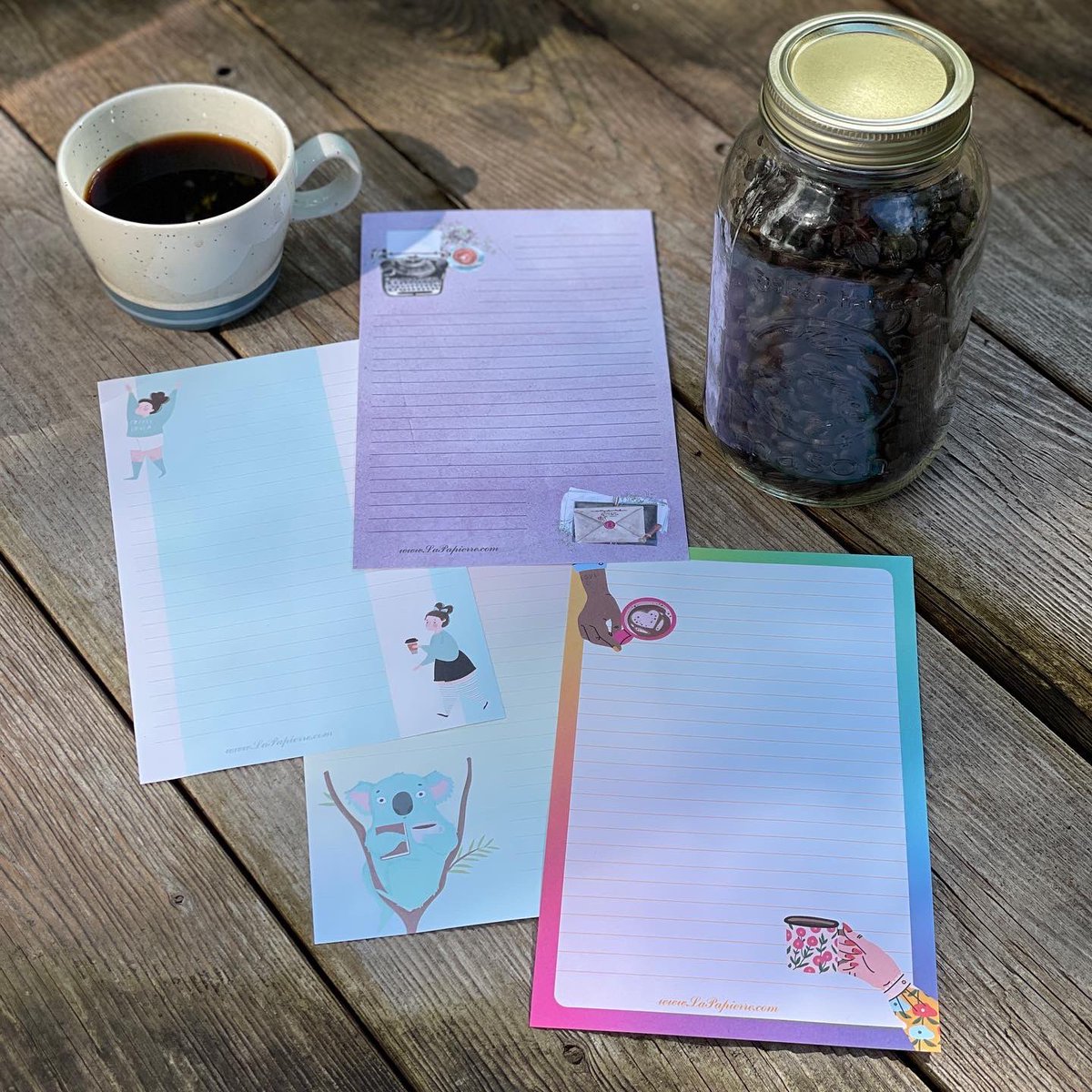 LaPapierre's tweet photo. Happy National Coffee Day for all who celebrate the bitter brew! Denise is a big fan. Julie, not so much. 

We currently have 3 coffee themed designs in our shop. 

https://t.co/gG1d9uqPMu https://t.co/2Qo6a61YR1