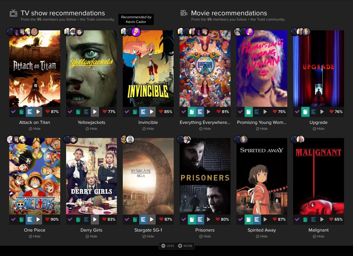 trakt's tweet photo. Dashboard recommendations on the website indicate who recommended the show or movie. You can also display up to 3 rows of recommendations and recently watched (VIP preview). https://t.co/21ZDl6E3VA