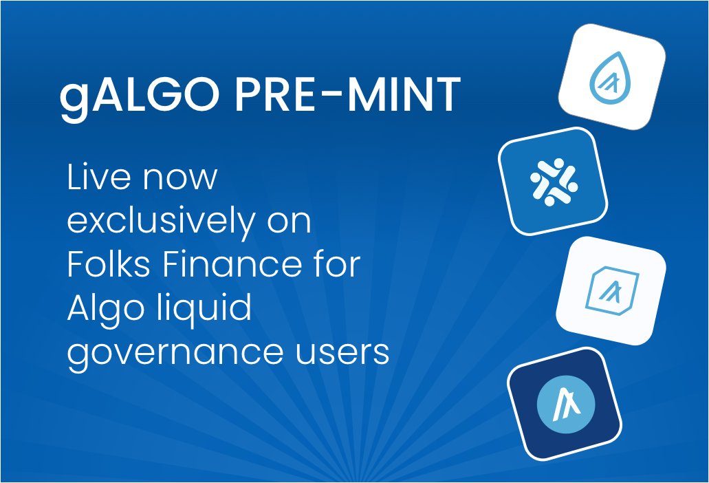FolksFinance's tweet photo. gALGO Pre-Mint!โจ
๐จ Users will now be able to mint $gALGO for #Gov5 commitments using the new gALGO Pre-Mint feature.
โฐ Live now, exclusively on https://t.co/St1D60cxsN!
Learn how it works โฌ๏ธ
https://t.co/zFqfTjLlIO
#Algorand #DeFi $ALGO
(1/2) https://t.co/7JXwGMeg7a