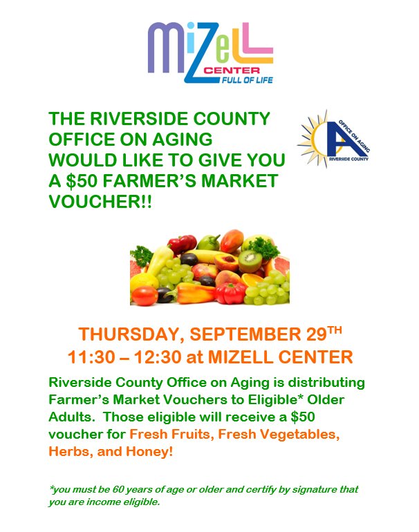 Seniors, go get some free produce! Today get a $50 Farmer's Market Voucher at Mizell Center in Palm Springs- 11:30 AM- 12:30 PM.
#cathedralcity #cathedralcityca #mizellseniorcenter #psfarmersmarket