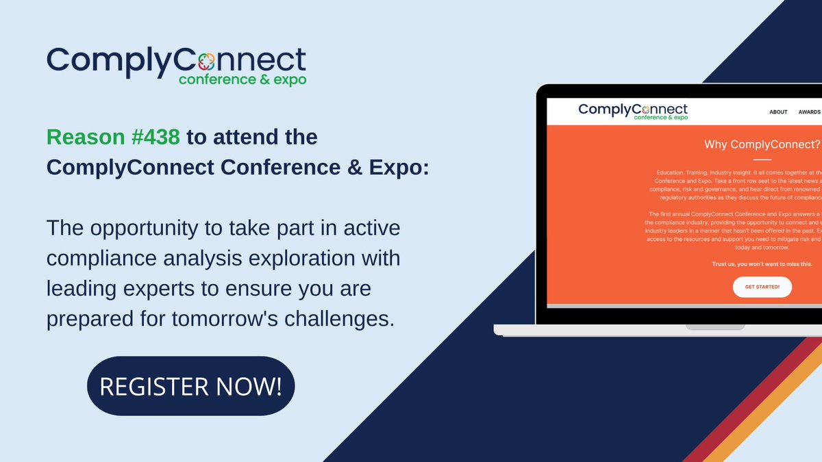 complyconnect's tweet photo. The #ComplyConnect Conference &amp; Expo is designed to facilitate discussion among compliance and will include:
✔Active compliance analysis exploration.
✔Networking opportunities.
✔Roundtable workshops and more.

Register today! https://t.co/IAYjQMn5Iy
#complyconnect2022 https://t.co/Be87MDwI10