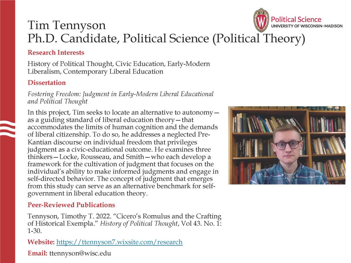Today our featured job market candidate is Ph.D. candidate Tim Tennyson! Tim's research centers on conceptions of civic education and citizenship in both the history of political thought and contemporary political theory.