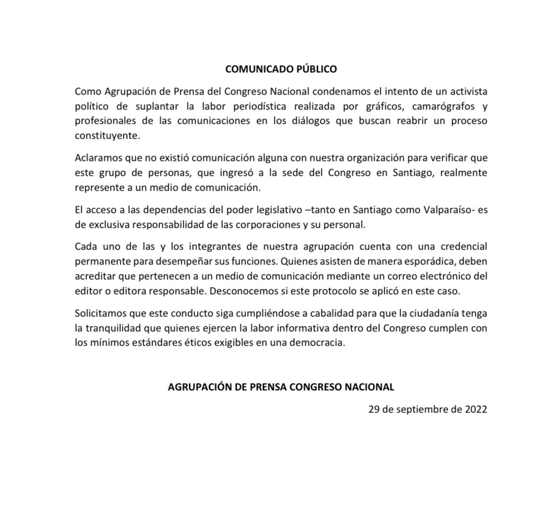 A la opinión pública, nuestra postura tras conocerse que un activista ingresó acreditado como prensa a las dependencias del Congreso Nacional en Santiago.
