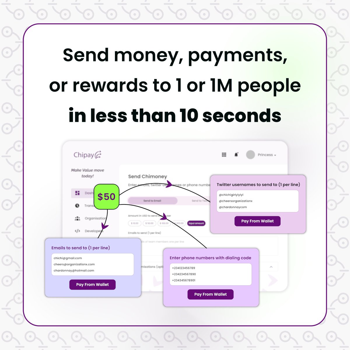 chimoney_io's tweet photo. We value time, so we've created #ChiPay, a solution that lets you pay 1 or thousands recipients in less than 10 seconds. 💸 https://t.co/VEHuEym3qJ